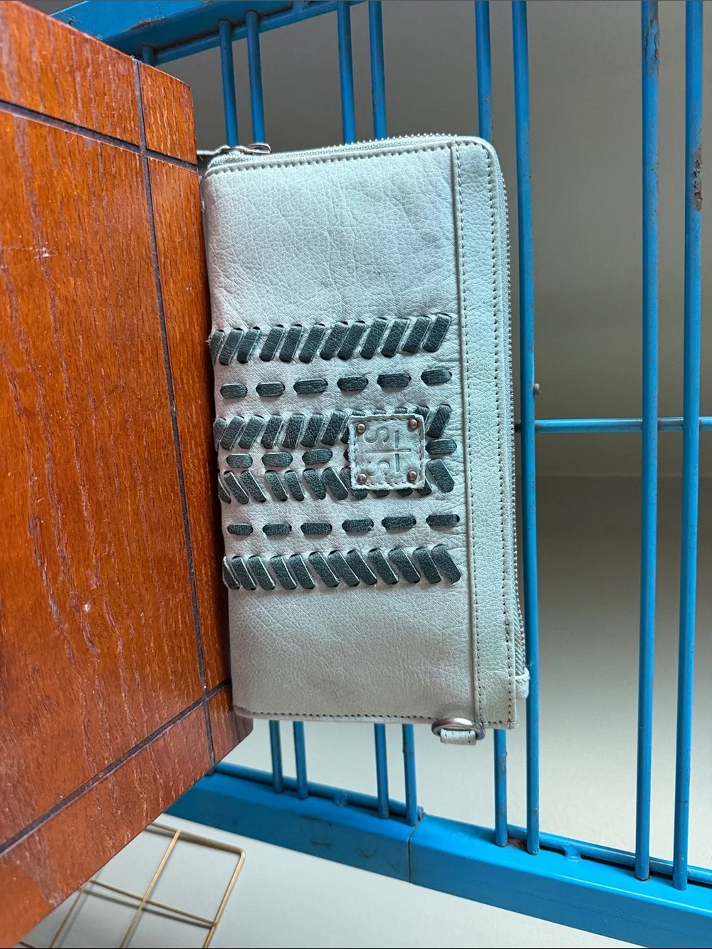 STS Braided Accent Light Green Leather Zip Wristlet Clutch